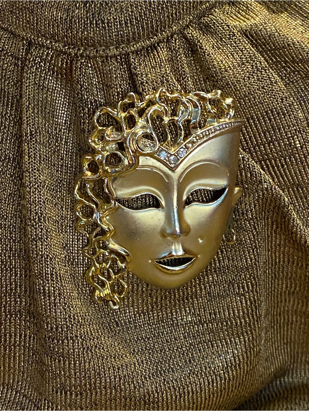Vintage Gold-Tone Mardi Gras Mask Brooch | Rhinestone Masquerade Pin | Venetian